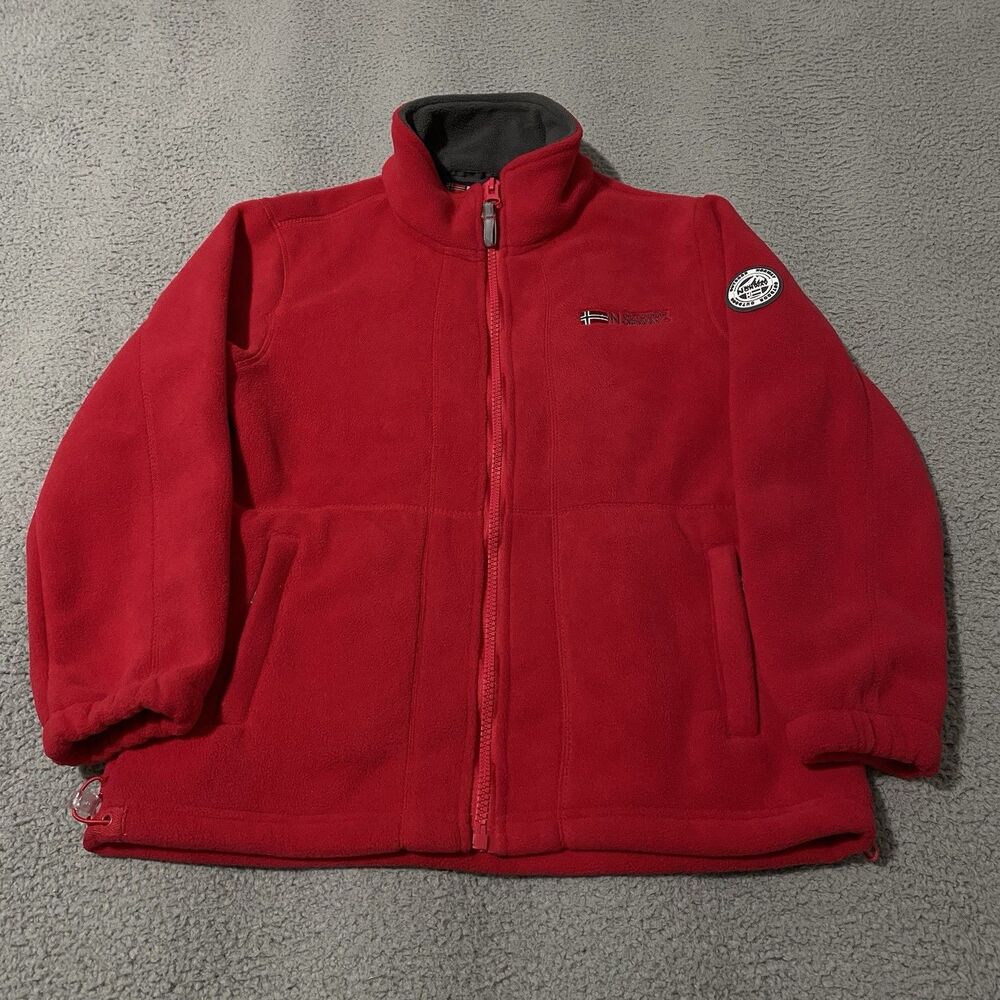 Outdoor Norway Jacket Men Small Red Gray Full Zip Fleece Hiking Camping Gorpcore